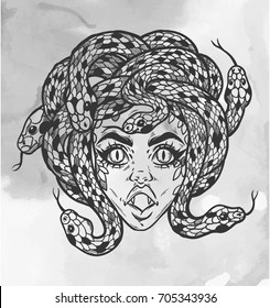 Hand drawn beautiful artwork of Medusa portriat - a female serpent spirit in Greek mythology. Alchemy, religion, spirituality, occultism, tattoo art, coloring books. Isolated vector illustration.