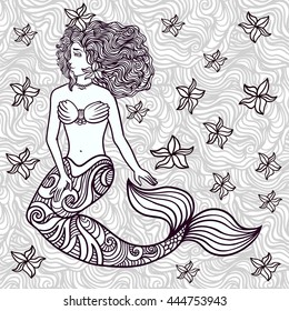 Hand drawn beautiful artwork mermaid with curly hair, algae, barnacles . Sea, fantasy, spirituality, mythology, tattoo art, coloring books. Isolated vector line zentangle art doodle. Set of ocean