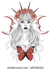 Hand drawn beautiful artwork of vampire girl. - Black and white tattoo sketch with red elements 