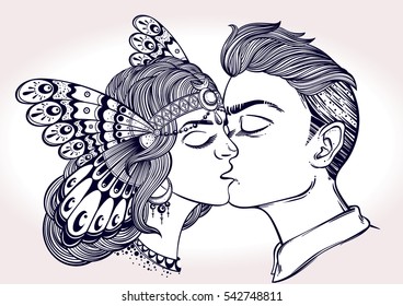 Hand drawn beautiful artwork of young couple kissing. Valentine's day concept. Boho romantic love, tattoo art, poster design,T-shirt print,coloring book, character design. Isolated vector llustration.