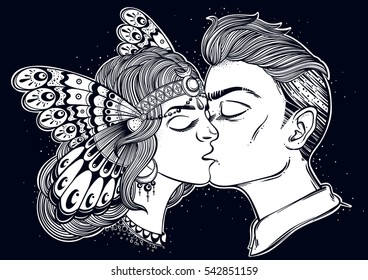 Hand drawn beautiful artwork of young couple kissing. Valentine's day concept. Boho, tattoo art, poster design, T-shirt print, coloring book, romantic love, character design. Vector Isolated.