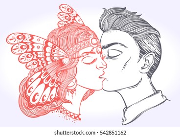 Hand drawn beautiful artwork of young couple kissing. Valentine's day concept. Boho, tattoo art, poster design, T-shirt print, coloring book, romantic love, character design. Vector Isolated.