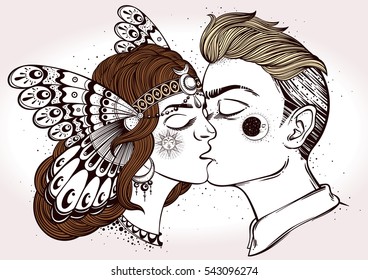 Hand drawn beautiful artwork of young couple kissing. Valentine's day concept. Boho, tattoo art, poster design, T-shirt print, coloring book, romantic love, character design. Vector Isolated.