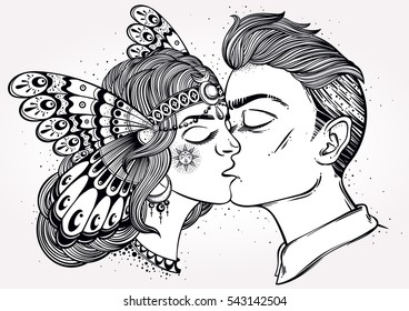 Hand drawn beautiful artwork of young couple kissing. Valentine's day concept. Boho, tattoo art, poster design, T-shirt print, coloring book, romantic love, character design. Vector Isolated.