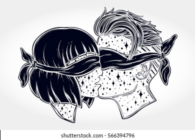 Hand drawn beautiful artwork of young couple kissing. Blindfolded woman and man portrait. Outer space on their faces. Boho, tattoo art, poster design, T-shirt print, romantic love, character design. 