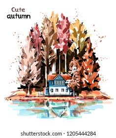 Hand drawn beautiful autumn nature with forest, house and lake. Sketch.