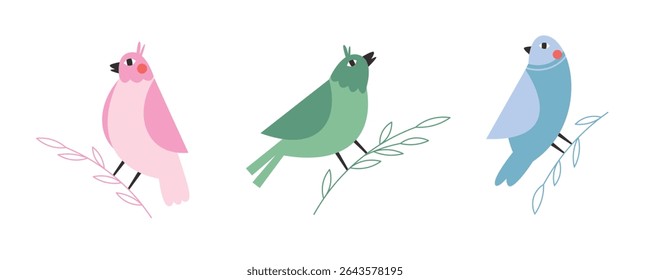 Hand drawn beautiful birds set. Colorful bird sitting on a tree branch.