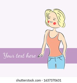 Hand drawn beautiful blonde girl smiling. Greeting card. Vector illustration.