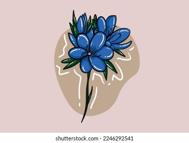 Hand drawn beautiful blue flower isolated on background. blue flower with green leaves. Spring plant for banner, social media, poster, flyer or greeting card.