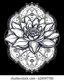 Hand drawn beautiful boho lotus flower. Water lily motif, tattoo design element. Bouquet concept art. Isolated vector illustration in line art style.
