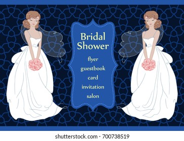 Hand drawn beautiful bride with a flower bouquet. Bridal shower invitation template. Wedding fashion vector Illustration.