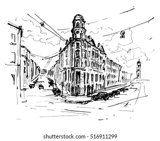 Hand drawn beautiful building. Sketch, vector illustration.