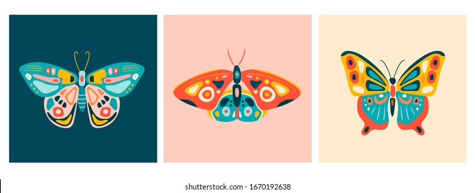 Hand drawn beautiful Butterflies. Colorful Vector illustrations. Top view. Pastel colors. Set of three Pre made cards. Every illustration is isolated