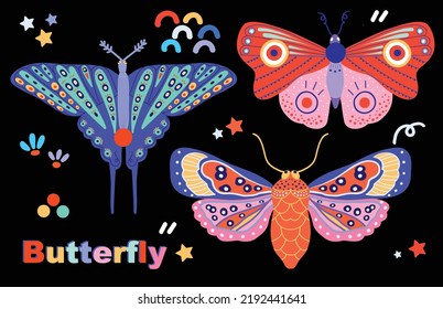 Hand drawn beautiful Butterflies. Colorful Vector illustrations. Top view. Poster, logo Templates
