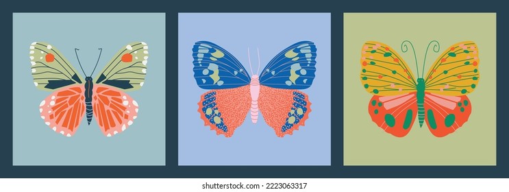Hand drawn beautiful Butterflies. Colorful Vector illustrations. Top view. Pastel colors. Set of three Pre made cards. Every illustration is isolated