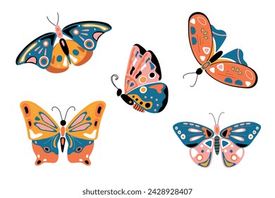 Hand drawn beautiful butterflies. Colorful set. View from above. Side view. Pastel shades. Vector.