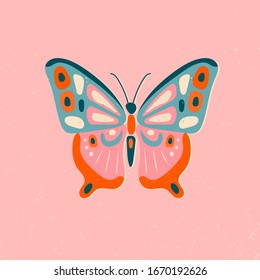 Hand drawn beautiful Butterfly. Colorful Vector illustration. Top view. Pastel colors. Pre made card. Isolated on pink background 