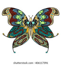 Hand drawn beautiful butterfly. Vector illustration of cute ornate zentangle butterfly