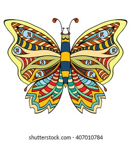 Hand drawn beautiful butterfly. Vector illustration of cute ornate zentangle butterfly