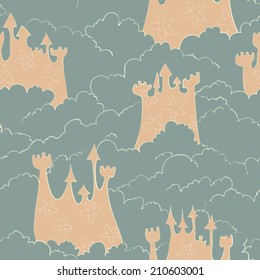 hand drawn beautiful castles in clouds seamless pattern