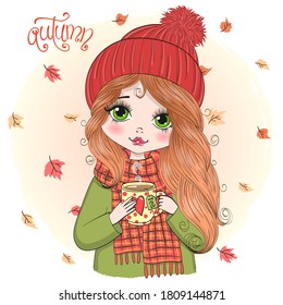 Hand drawn beautiful cute autumn girl with a cup of tea. Vector illustration.