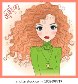 Hand drawn beautiful cute autumn girl. Vector illustration.