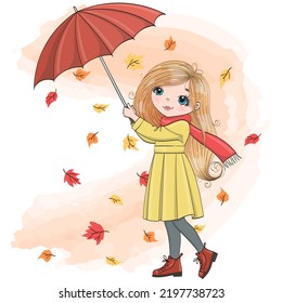 Hand drawn beautiful cute autumn girl with umbrella and leaves. Vector illustration.