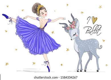 Hand drawn beautiful cute ballerina girl with little deer. Vector illustration.