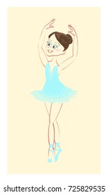 Hand drawn beautiful cute ballerina in classical tutu. Graceful little dancer in azure dress. Vector illustration eps 10