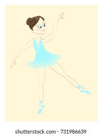 Hand drawn beautiful cute ballerina in classical tutu. Graceful little dancer in azure dress. Vector illustration eps 10