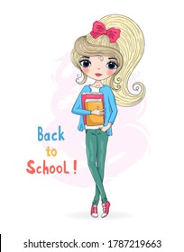 Hand dibujó a una linda colegiala rubia adorable con un libro. Antecedentes con la inscripción Volver a la escuela. Ilustración vectorial.
