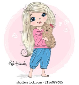 Handgezeichnet schönes, süßes, blondes Mädchen mit Hund in den Händen. Vektorgrafik.