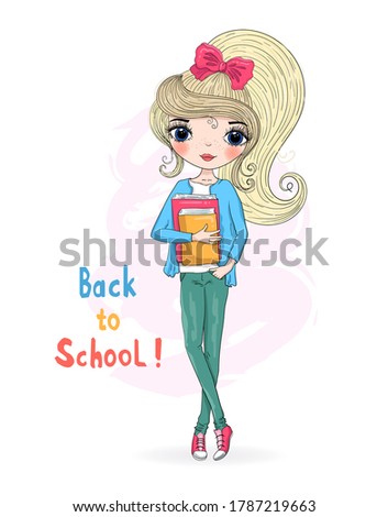 Hand drawn beautiful cute blonde schoolgirl with book. Background with the inscription Back to School. Vector illustration.