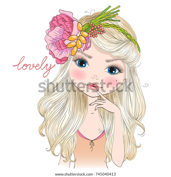 花輪に手描きのかわいい金髪の女の子 ベクターイラスト のベクター画像素材 ロイヤリティフリー