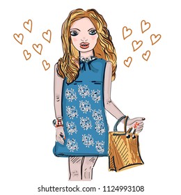 Hand drawn beautiful cute blond-haired girl in an elegant dress . Vector illustration. Fashion bag for shopping