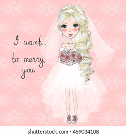 Hand drawn beautiful, cute bride with long blond hair in gym shoes on background with words I want to marry you. Vector illustration.