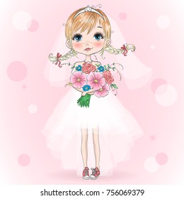 Hand drawn beautiful, cute bride girl with bouquet in gym shoes. Vector illustration.