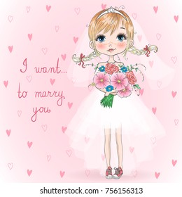 Hand drawn beautiful, cute bride girl with bouquet in gym shoes. Vector illustration.