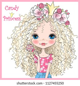 Hand drawn beautiful, cute, candy princess girl in a wreath with crown. Vector illustration.