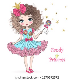 Hand drawn beautiful, cute, candy princess girl with crown. Vector illustration.