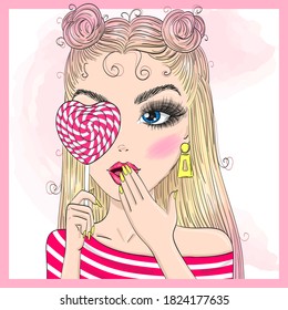 Hand drawn beautiful, cute, candy girl with lollipop. Vector illustration.