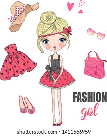 Hand drawn beautiful cute cartoon girl on background with clothes. Vector illustration.