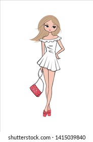 Hand drawn beautiful cute cartoon girl isolated on white background. Romantic blonde in white dress. Vector illustration.