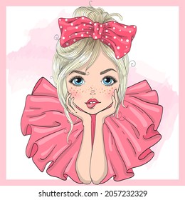 Hand Drawn Beautiful Cute Cartoon Fashion Girl With Bow. Vector Illustration.