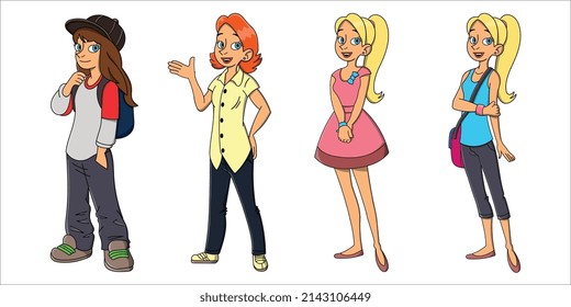 Hand drawn beautiful cute cartoon fashion girls. Vector illustration.