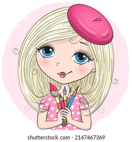 Hand drawn beautiful cute cartoon amazing artist girl with brush. Vector illustration.