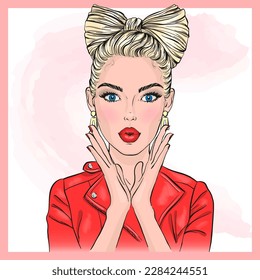 Hand drawn beautiful cute cartoon fashion girl with bow. Vector illustration.