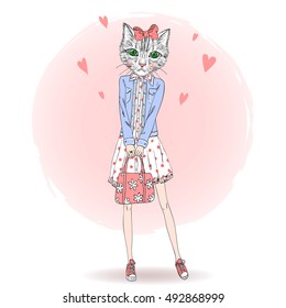 Hand drawn beautiful cute cat girl hipster with bow on her head. Vector illustration.