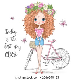 Hand drawn beautiful, cute curly hair girl in a wreath stands near bicycle. Vector illustration.