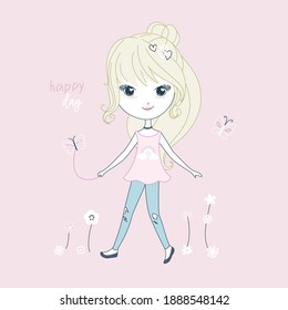 Hand drawn beautiful, cute curly hair girl playing outside. Happy sunny days. Vector illustration.